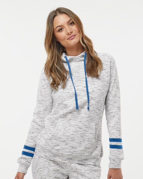 J. America 8674 - Women’s Mélange Fleece Striped-Sleeve Hooded Sweatshirt