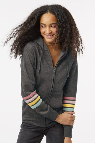 MV Sport W22732 - Womens Striped Sleeves Full-Zip Hooded Sweatshirt