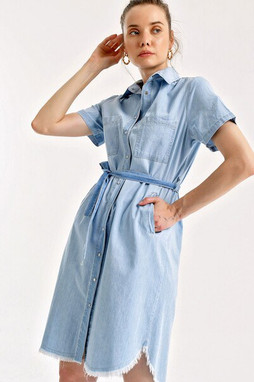 MT Clothes P-ROB_DENIM_BLE - Denim Dress with Waist Belt