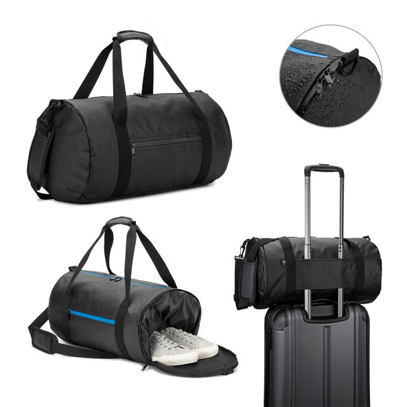 Egotier 92573 - Cylindrical sports bag in high-density 600D recycled polyester with side compartment for shoes