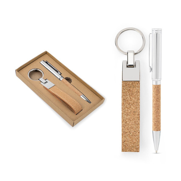 Egotier 95106 - Set consisting of a ballpoint and key ring, both in metal and cork