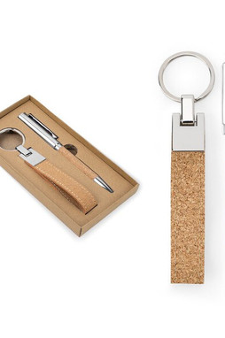 Egotier 95106 - Set consisting of a ballpoint and key ring, both in metal and cork