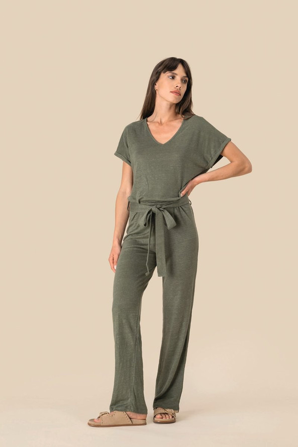 Spasso SP5004 - Combinaison en maille manches courtes en lin femme