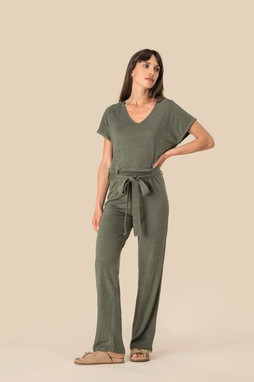 Spasso SP5004 - Ladies linen knit short-sleeved jumpsuit