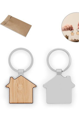 House-shaped iron keychain in zinc and bamboo - Egotier 95117