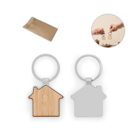 House-shaped iron keychain in zinc and bamboo - Egotier 95117