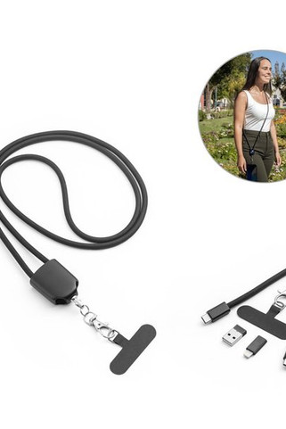 Lanyard with included smartphone holder, USB-C cable and various adapters in recycled ABS and recycled TPE - Egotier 97194